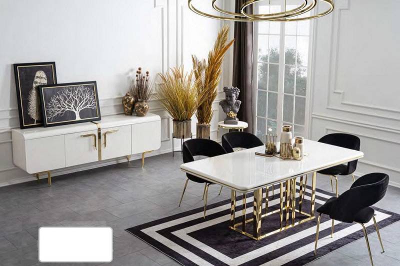 JVmoebel Esszimmer-Set Esszimmer Set mit Tisch, 4 Stühlen und Sideboard aus Edelstahl, (6-St., 1x Esstisch + 1x Sideboard + 4x Stühle), Made in Europa von JVmoebel