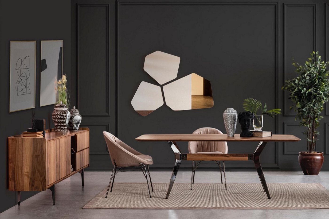 JVmoebel Esszimmer-Set Esszimmer Set: Tisch mit 2 Stühlen und Sideboard Kommode, (4-St., 1x Esstisch + 2x Stühle + 1x Sideboard ohne Spiegel), Made in Europa von JVmoebel