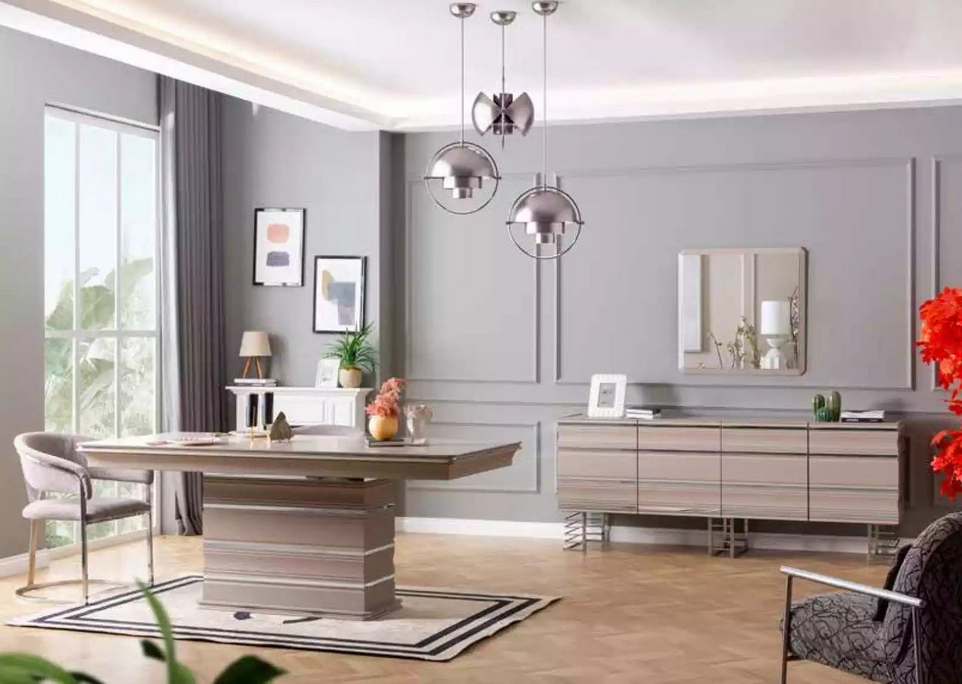 JVmoebel Esszimmer-Set Esszimmer Set: Tisch mit 6 Stühlen, Sideboard & Spiegel, (9-St., Esstische + 6x Stühle + Sideboard + Spiegel), Made in Europa von JVmoebel