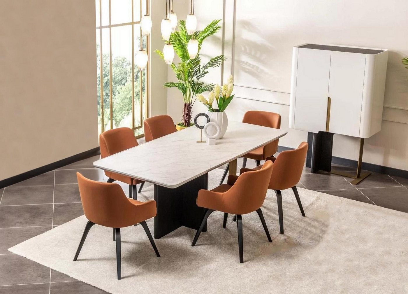 JVmoebel Esszimmer-Set Esszimmer Set: Tisch und Stühle in Orange, 8-teilig aus Holz, (8-St., 1x Esstisch + 6x Stühle + 1x Bar), Made in Europa von JVmoebel