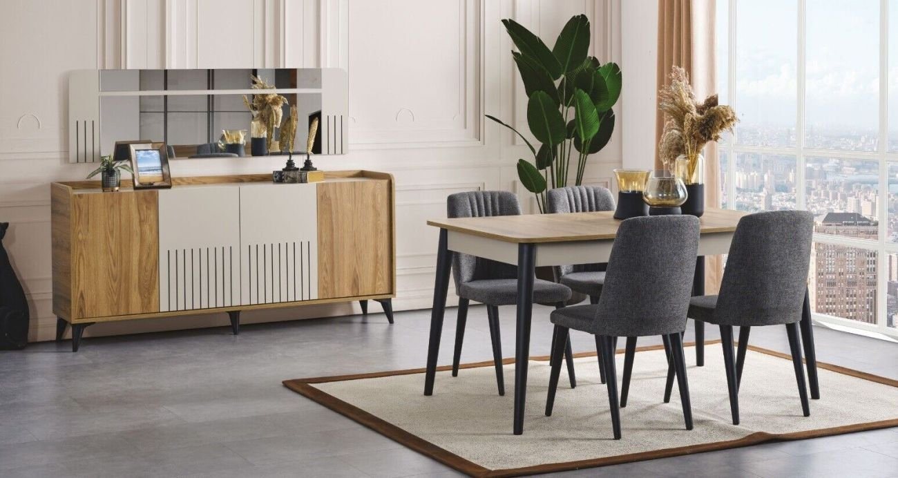 JVmoebel Esszimmer-Set Esszimmer set Esstisch 4x Stuhle und Sideboard mit Spiegel modern, (7-St., 1x Esstisch + 4x Stühle + 1x Sideboard + 1x Spiegel), Made in Europa von JVmoebel