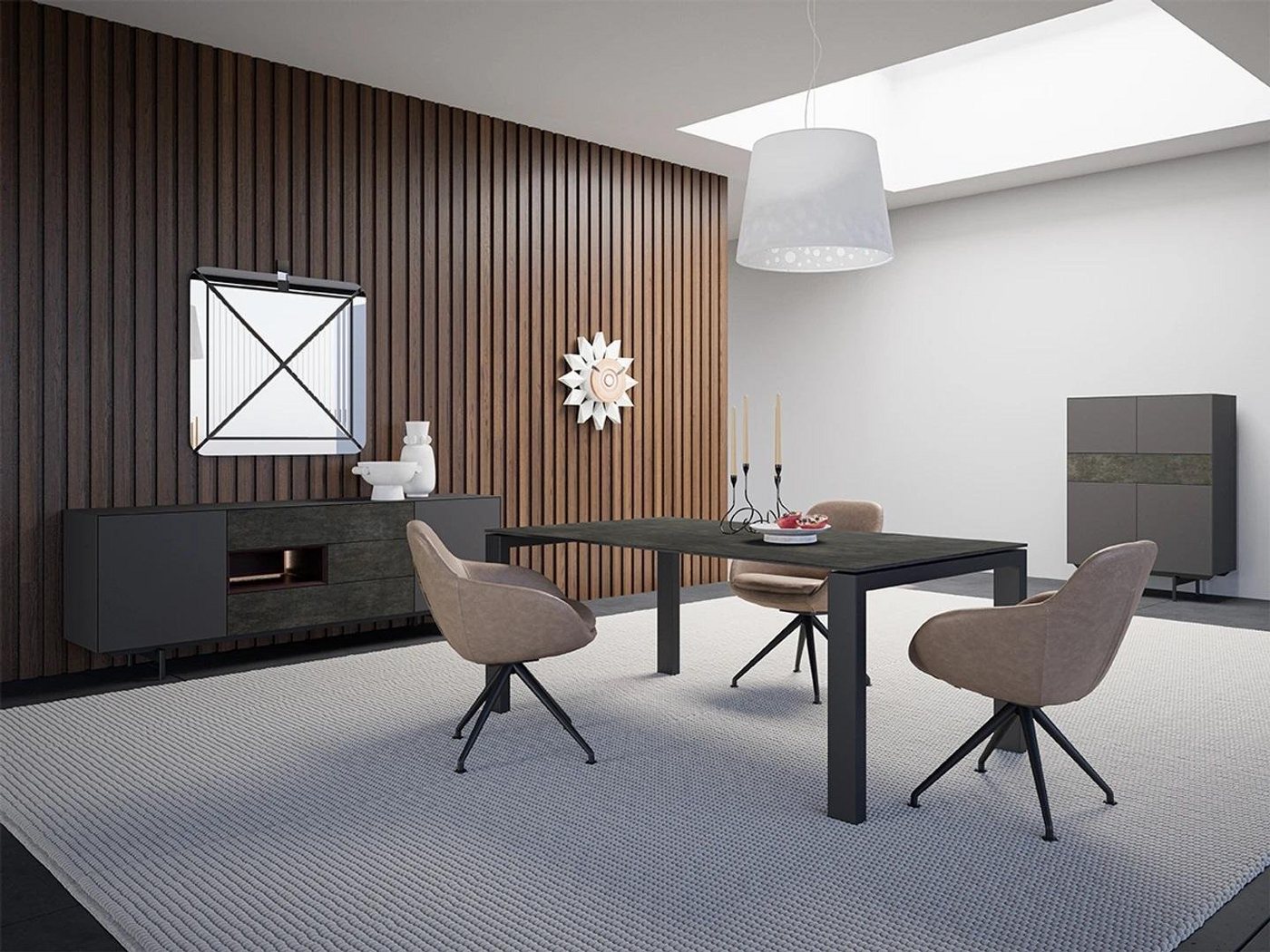 JVmoebel Esszimmer-Set Esszimmergruppe mit Tisch, Stühlen und Schrank aus Metall/Textil, (8-St., 1x Esstisch + 4x Stühle + 1x Sideboard + 1x Spiegel + 1x Schrank), Made in Europa von JVmoebel