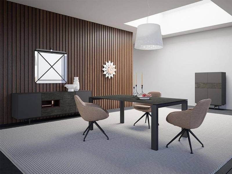 JVmoebel Esszimmer-Set Esszimmergruppe mit Tisch, Stühlen und Schrank aus Metall/Textil, (8-St., 1x Esstisch + 4x Stühle + 1x Sideboard + 1x Spiegel + 1x Schrank), Made in Europa von JVmoebel