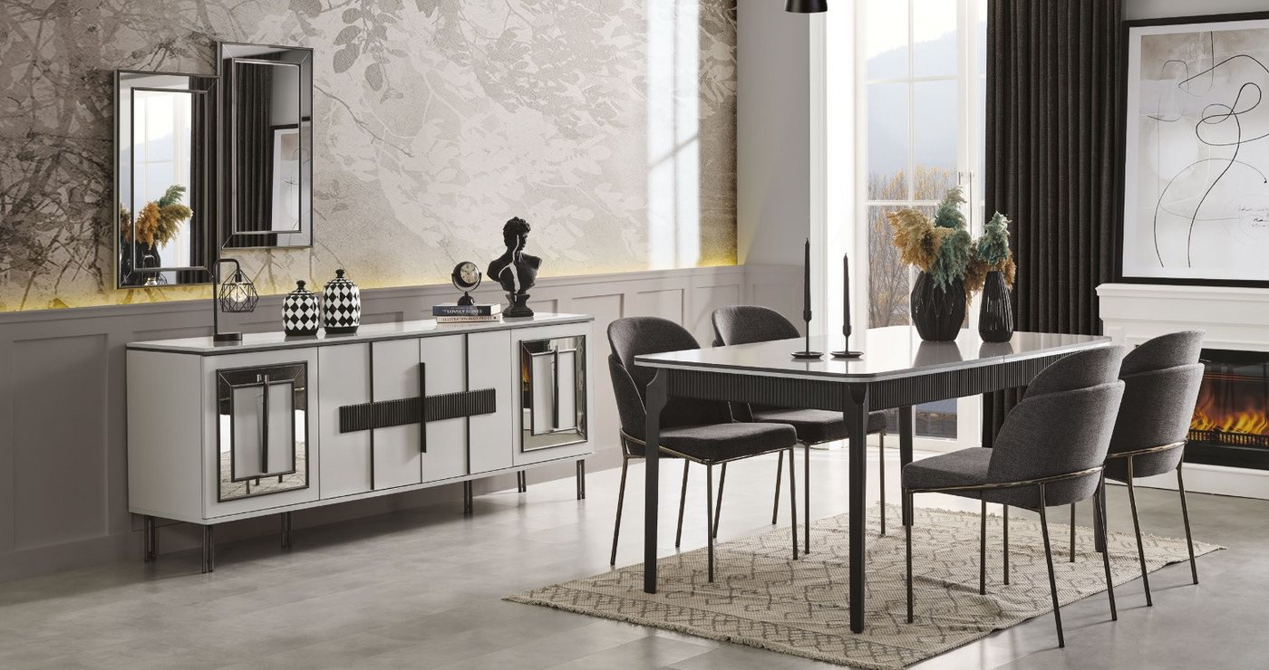 JVmoebel Esszimmer-Set Esszimmermöbel Set Tisch aus Holz mit Metall + 4 Stühle & Sideboard, (8-St., 1x Esstisch + 4x Stühle + 1x Sideboard + 2x Spiegel), Made in Europa von JVmoebel