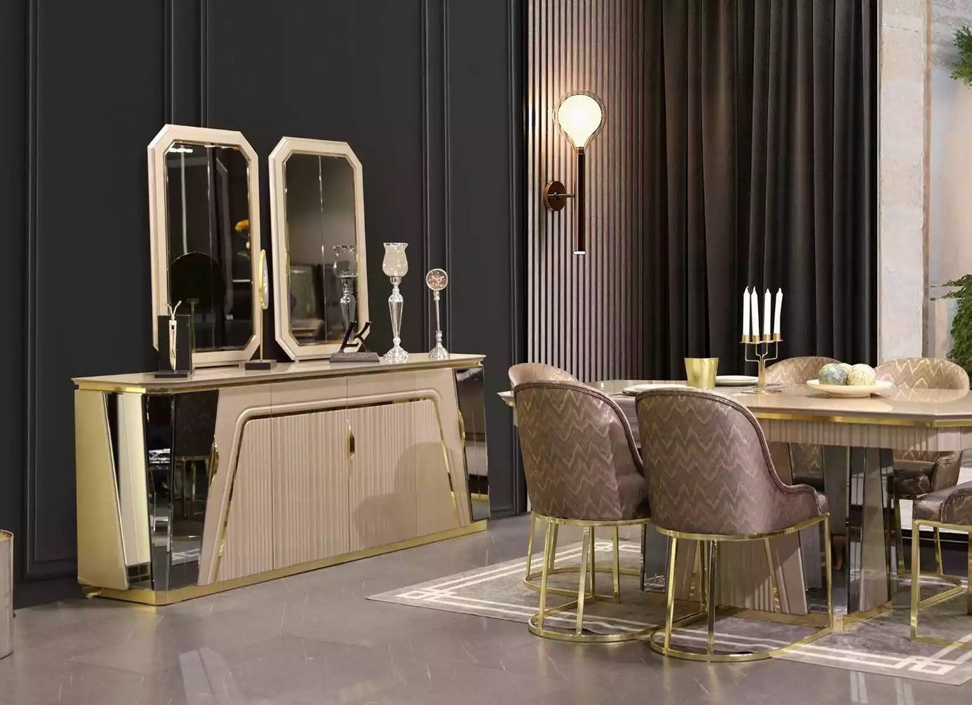 JVmoebel Esszimmer-Set Esszimmermöbel Set mit Tisch, Stühlen und Spiegel Neuheit, (8-St., Esstisch + 4x Stühle + Anrichte mit 2x Spiegel), Made in Europa von JVmoebel