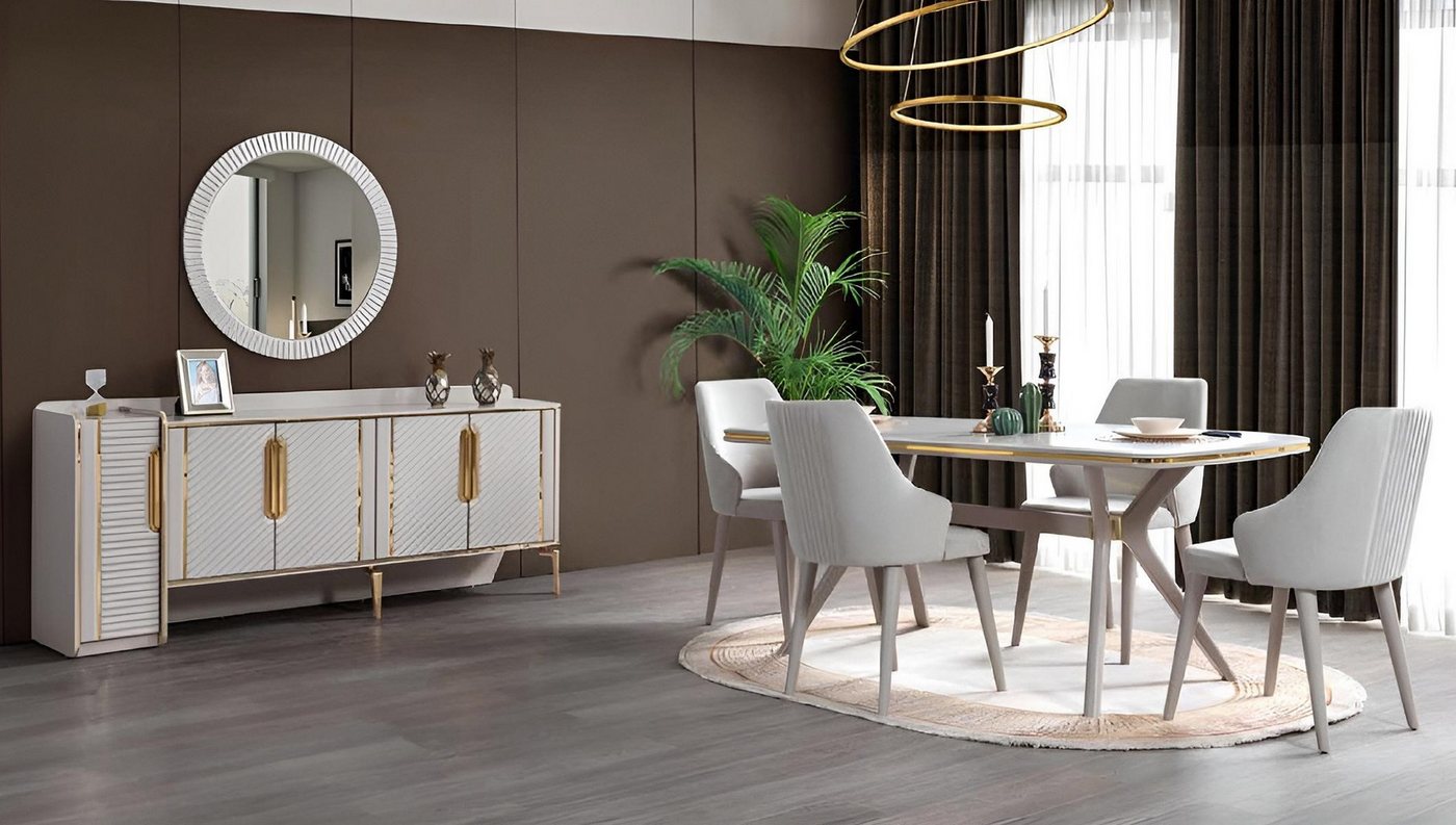 JVmoebel Esszimmer-Set Esszimmermöbel Set: Tisch, 6 Stühle & Sideboard mit Spiegel, (9-St., Esstisch + 6x Stuhle + Sideboard mit Spiegel), Made in Europa von JVmoebel