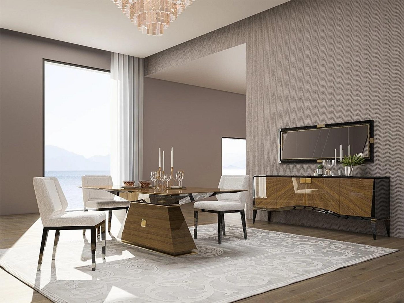 JVmoebel Esszimmer-Set Esszimmerset: Tisch mit 4 Stühlen und Sideboard Design, (7-St., 1x Esstisch + 4x Stühle + 1x Sideboard + 1x Spiegel), Made in Europa von JVmoebel