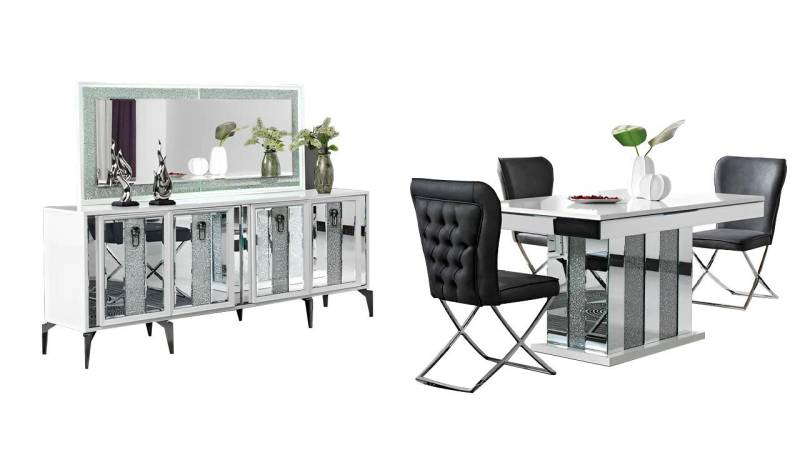 JVmoebel Esszimmer-Set Esszimmertisch Esstischgruppe Tisch Stühle Set Essgruppe 7tlg., (7-St., Set Esszimmer 7tlg (Esstisch + 4xStühle + Sideboard + Spiegel), Made in Europa von JVmoebel