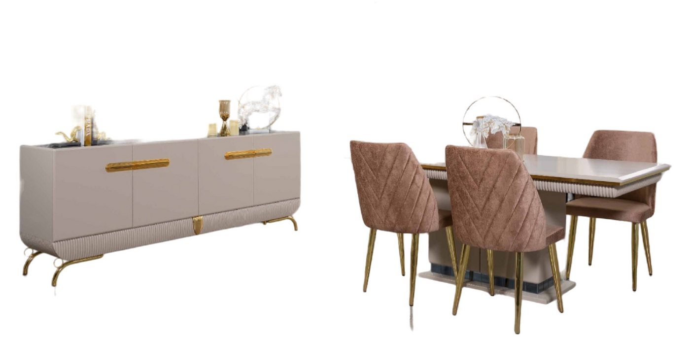 JVmoebel Esszimmer-Set Exklusive Edelstahl Esszimmer Möbel Esstisch Kommode Spiegel 7 tlg, (7-St., Esstisch + 4x Stühle + Kommode + Spiegel), Made in Europa von JVmoebel