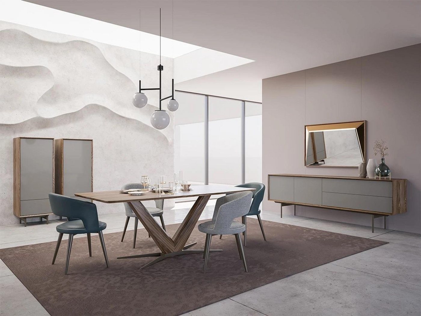 JVmoebel Esszimmer-Set Holz Esszimmermöbel Set Tisch, 4 Stühle & Sideboard neu, (9-St., Esstisch + 4x Stühle + Sideboard + Spiegel + 2x Vitrine), Made in Europa von JVmoebel