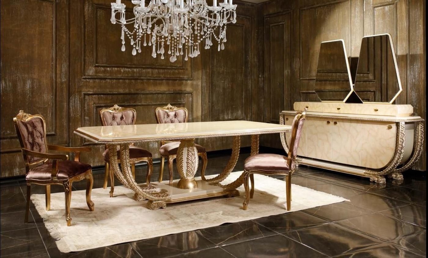 JVmoebel Esszimmer-Set Klassische Essecke: Tisch mit 4 Stühlen und eleganter Kommode, (9-St., 1x Esstisch + 4x Stühle + 1x Anrichte + 2x Spiegel + 1x Vitrine), Made in Europa von JVmoebel