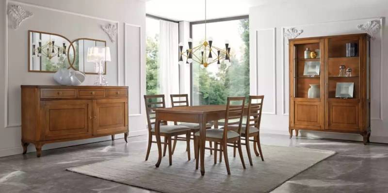 JVmoebel Esszimmer-Set Klassisches Esszimmer Set mit Tisch, 4 Stühlen und Anrichte, (8-St., 1x Tisch + 4x Stühle + 1x Vitrine + 1x Anrichte + 1x Spiegel), Made in Europa von JVmoebel