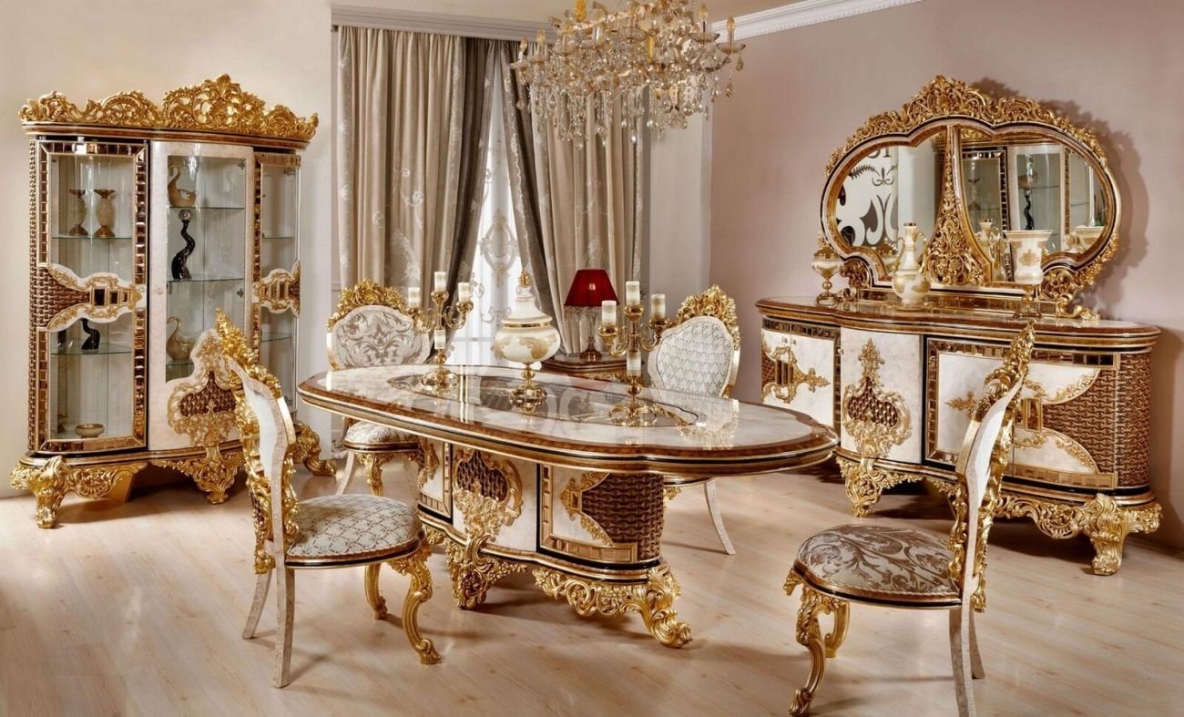 JVmoebel Esszimmer-Set Luxuriöses Esszimmer Set Weiß-Gold Esstisch 4x Stühle Kommode 6tlg, (7-St., 1x Esstisch + 4х Stühle + 1x Kommode + 1x Spiegel), Made in Europa von JVmoebel