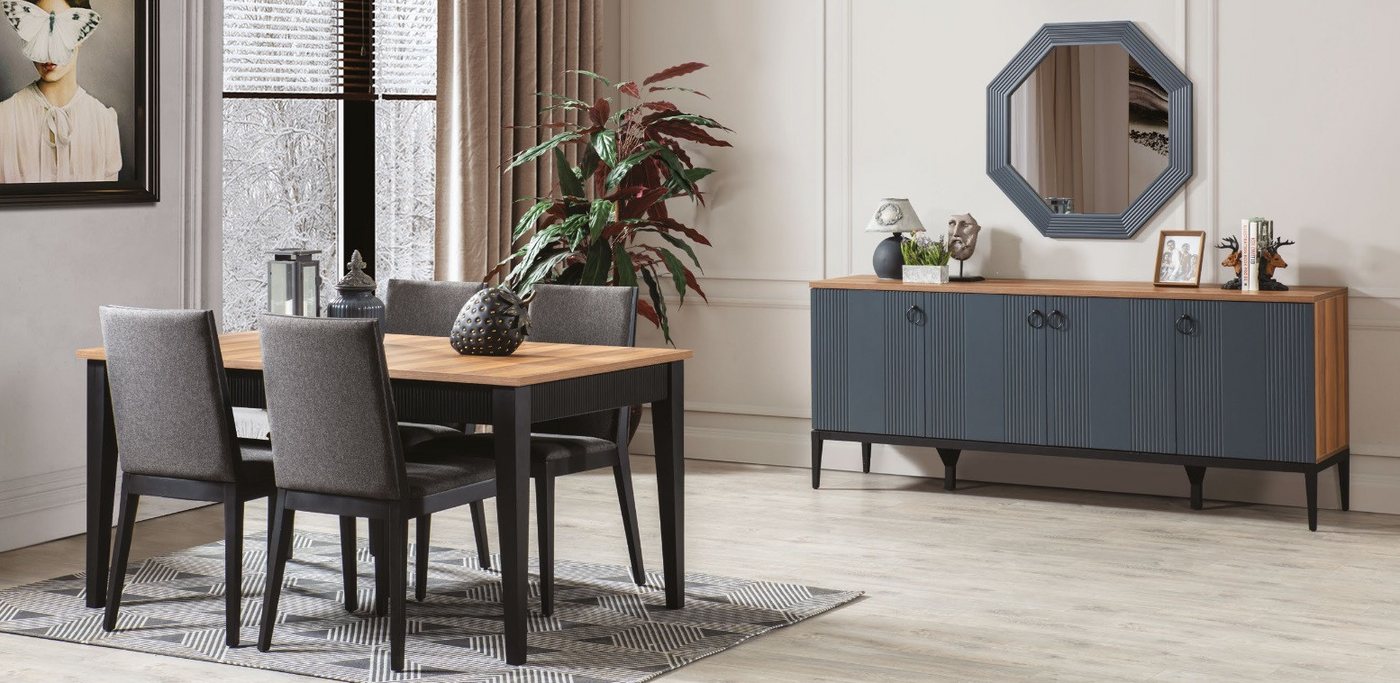 JVmoebel Esszimmer-Set Luxuriöses Esszimmer Set mit Esstisch und 4 Stühlen neu modern, (7-St., 1x Esstisch + 4x Stühle + 1x Sideboard + 1x Spiegel), Made in Europa von JVmoebel
