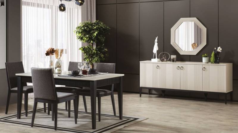 JVmoebel Esszimmer-Set Luxuriöses Esszimmermöbelset mit Tisch und 4 Stühlen aus Holz, (7-St., 1x Esstisch + 4x Stühle + 1x Sideboard + 1x Spiegel), Made in Europa von JVmoebel