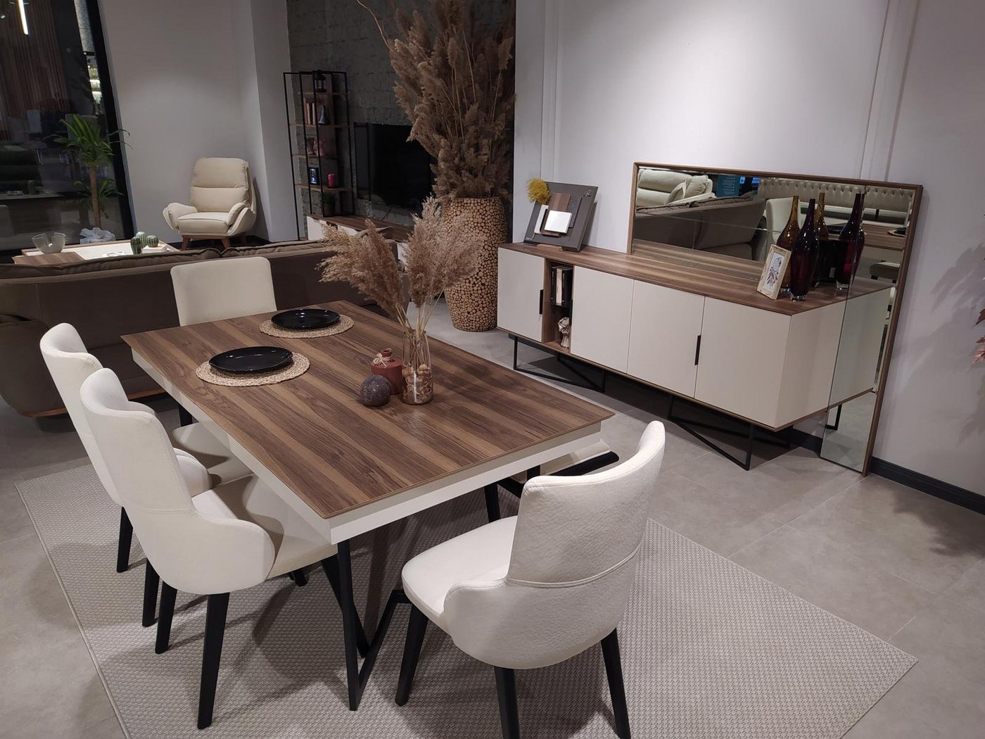 JVmoebel Esszimmer-Set Modern Esszimmer Set Tisch 4x Stühle Anrichte Spiegel, (7-St., Nur Esstisch + 4x Stühle + Anrichte + Spiegel), Made in Europa von JVmoebel