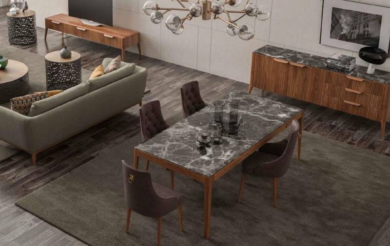 JVmoebel Esszimmer-Set Moderne Esszimmermöbel aus Nussbaum mit Braunem Marmor, (6-St., Esstisch, 4x Stühle, Anrichte), Made in Europa von JVmoebel