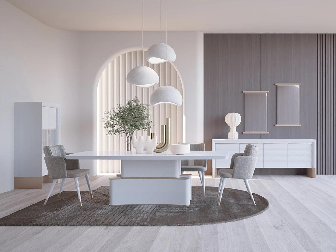 JVmoebel Esszimmer-Set Modernes Esszimmer Set aus 7 Teilen mit Tisch und Sideboard aus Holz, (7-St., Esstisch + 4x Stühle + Sideboard + Vitrine), Made in Europa von JVmoebel