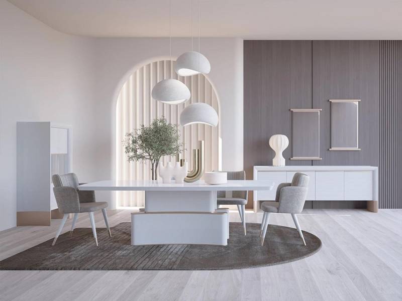 JVmoebel Esszimmer-Set Modernes Esszimmer Set aus 7 Teilen mit Tisch und Sideboard aus Holz, (7-St., Esstisch + 4x Stühle + Sideboard + Vitrine), Made in Europa von JVmoebel