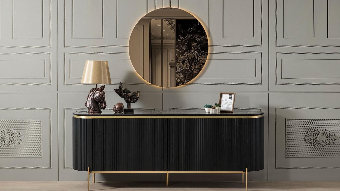 JVmoebel Esszimmer-Set Modernes Esszimmer Set in Schwarz mit Anrichte und Spiegel 2tlg., (2-St., 1x Anrichte + 1x Spiegel), Made in Europa von JVmoebel