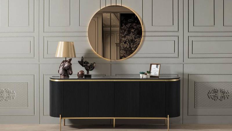 JVmoebel Esszimmer-Set Modernes Esszimmer Set in Schwarz mit Anrichte und Spiegel 2tlg., (2-St., 1x Anrichte + 1x Spiegel), Made in Europa von JVmoebel