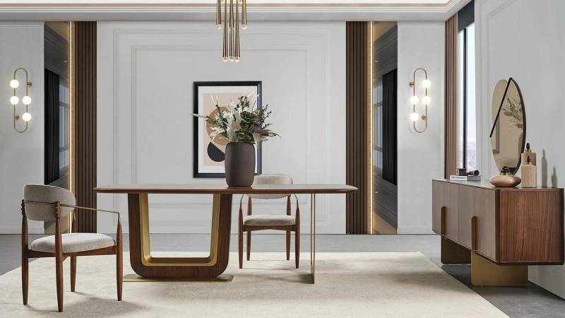 JVmoebel Esszimmer-Set Modernes Esszimmer Set mit Tisch, 4 Stühlen und Anrichte, (7-St., 1x Esstisch+4x Stühle+1x Spiegel+1x Anrichte), Made in Europa von JVmoebel