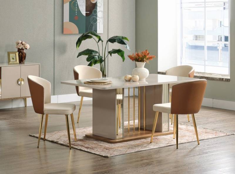 JVmoebel Esszimmer-Set Modernes Esszimmer Set: Tisch aus Holz + 6 Polsterstühle, 7tlg., (7-St., 1x Esstisch + 6x Stühle), Made in Europa von JVmoebel