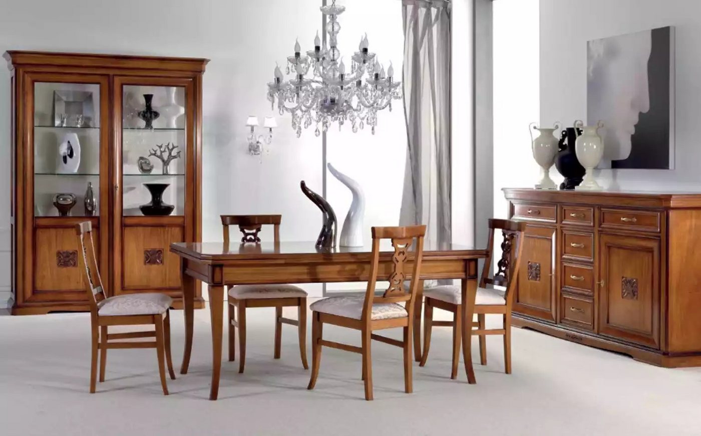 JVmoebel Esszimmer-Set Möbelset für Esszimmer mit Tisch, 4 Stühlen und Vitrine Neu, (7-St., Esstisch + 4x Stühle + Sideboard + Vitrine), Made in Europa von JVmoebel