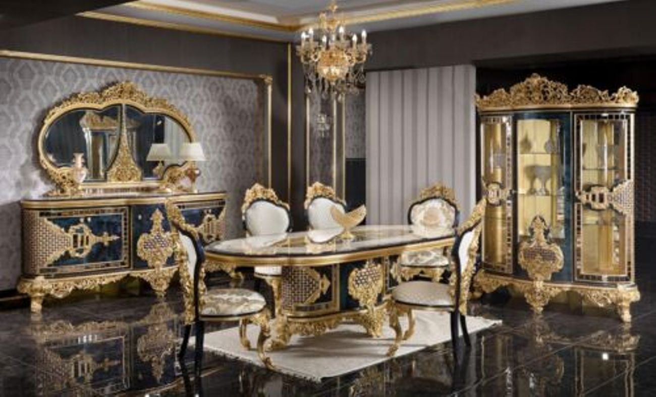 JVmoebel Esszimmer-Set Schwarz-Goldener Esszimmer Set Luxus Garnitur Kommode Esstisch, (9-St., 1x Esstisch + 6х Stühle + 1x Kommode + 1x Spiegel), Made in Europa von JVmoebel