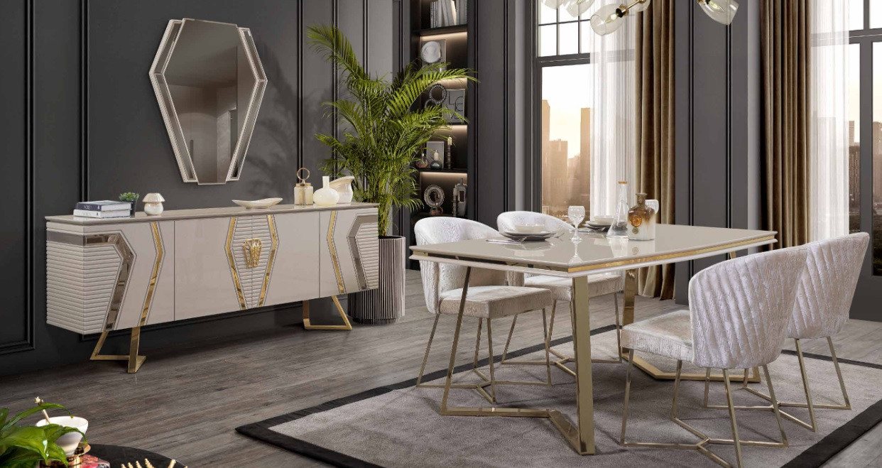 JVmoebel Esszimmer-Set Stilvolle Essgruppe in Weiß mit 4 Stühlen und Tischset, (7-St., 1x Esstisch + 4x Stühle + 1x Kommode + 1x Spiegel), Made in Europa von JVmoebel
