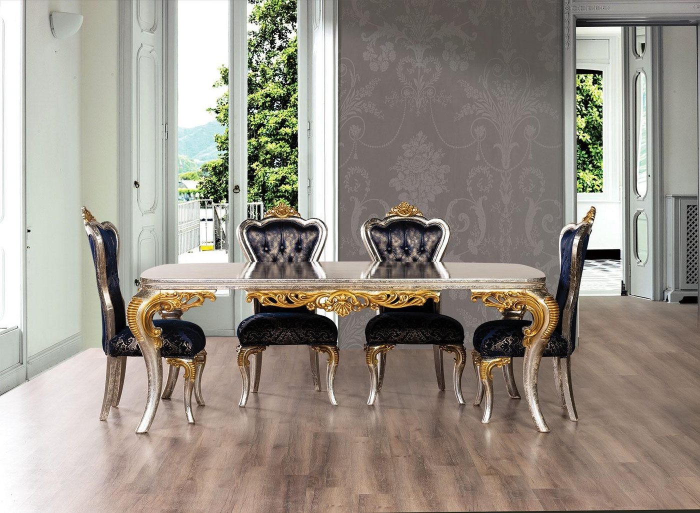 JVmoebel Esszimmer-Set Stilvolle Essgruppe: Gold-Silber Tisch & 4 Chesterfield-Stühle, (5-St), Made in Europa von JVmoebel