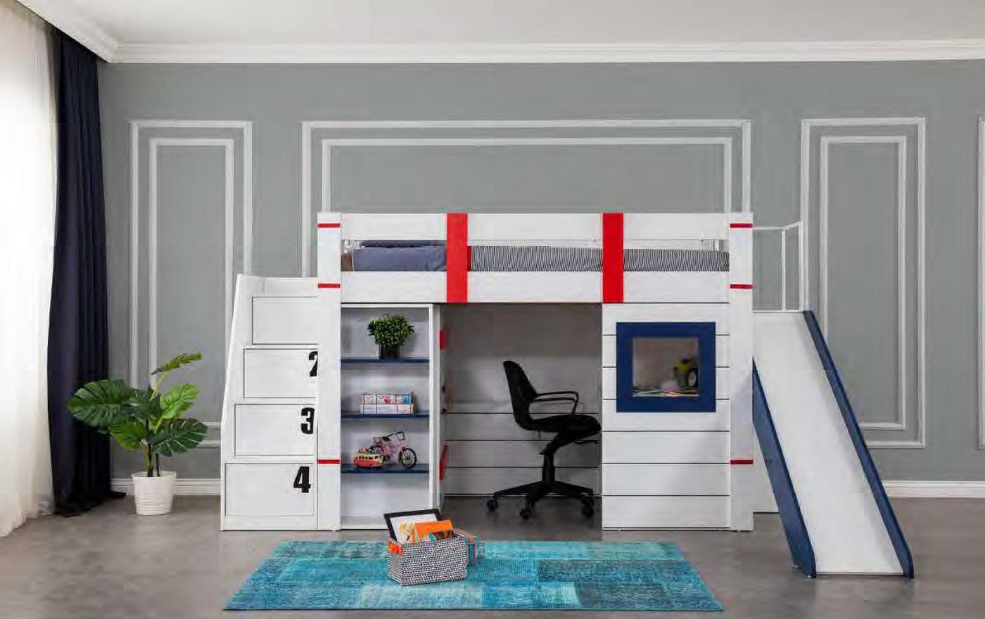 JVmoebel Etagenbett Hochbett aus Holz mit Rutsche und Tisch für Kinderzimmer in Weiß, Made in Europa von JVmoebel