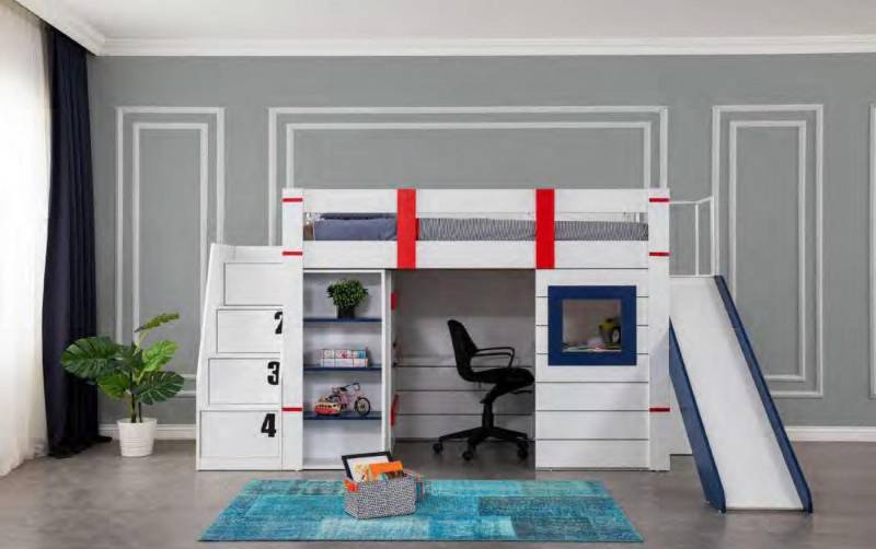 JVmoebel Etagenbett Hochbett aus Holz mit Rutsche und Tisch für Kinderzimmer in Weiß, Made in Europa von JVmoebel