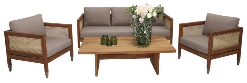 JVmoebel Gartenlounge-Set Designer Stilvoller Sofa Set 3+1+1 Sitzer Holz Couchtisch Gartenmöbel, (4-tlg., Sofa 3 Sitzer + 2x Sessel + Couchtisch), Made in Europa von JVmoebel