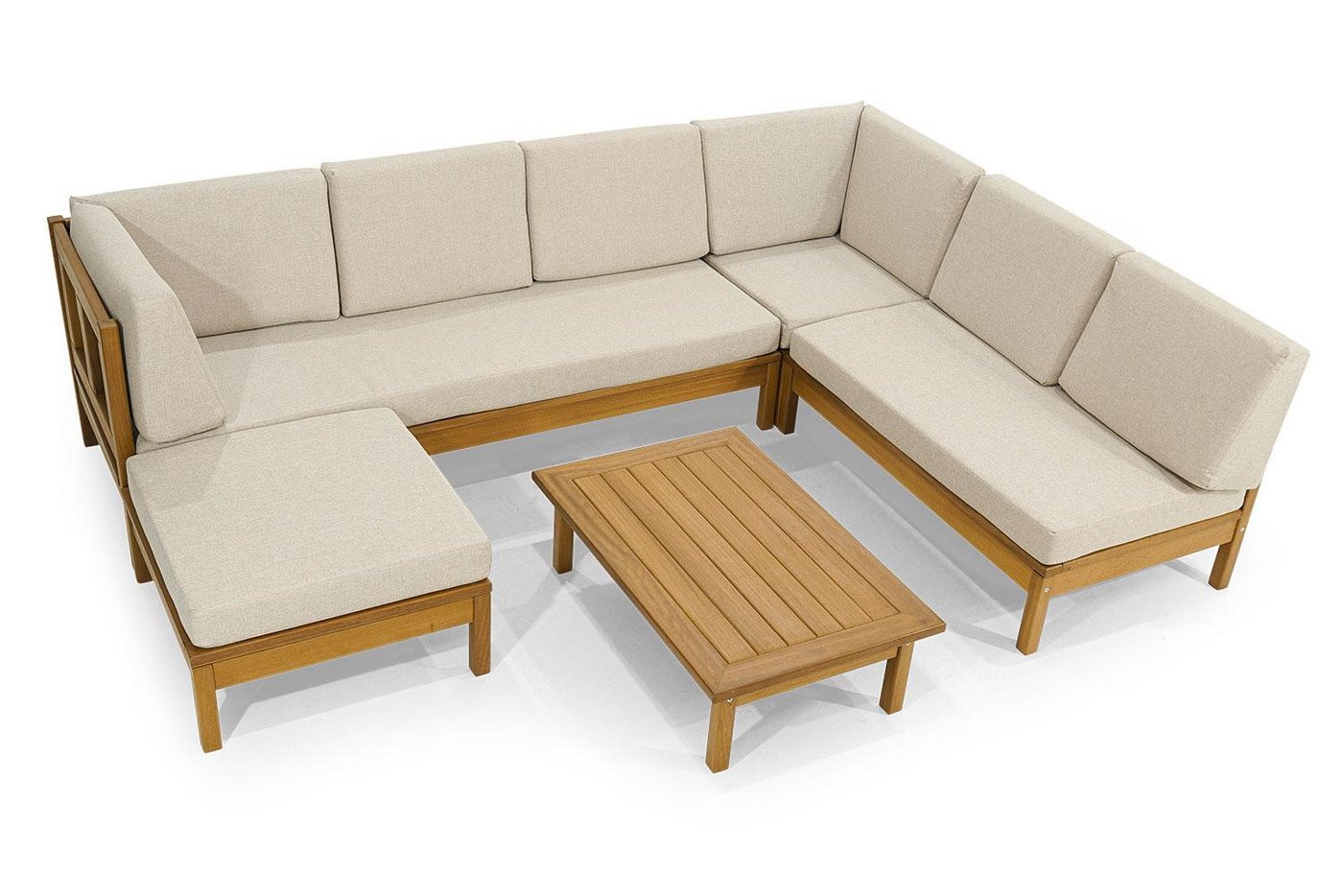 JVmoebel Gartenlounge-Set Edle Gartenmöbel Designer U-Form Ecksofa Holz Couchtisch Hocker 3tlg, (Gartenmöbelset (U-form Ecksofa + Hocker + Couchtisch), Made in Europa von JVmoebel