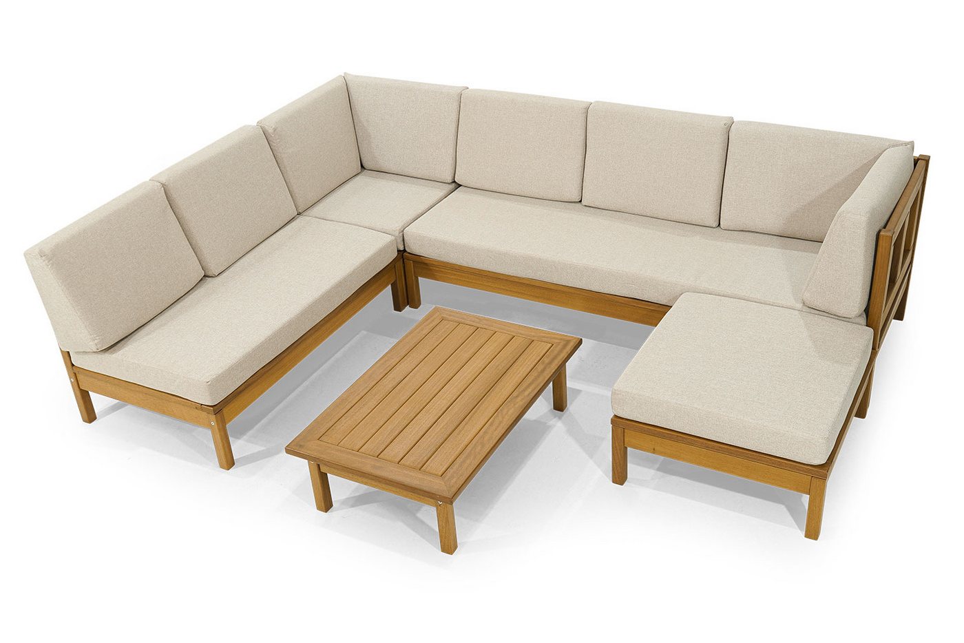 JVmoebel Gartenlounge-Set Edle Gartenmöbel Designer U-Form Ecksofa Holz Couchtisch Hocker 3tlg, (Gartenmöbelset (U-form Ecksofa + Hocker + Couchtisch), Made in Europa von JVmoebel