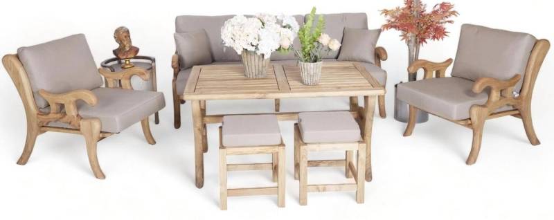 JVmoebel Gartenlounge-Set Garten Möbel Sofagarnitur 3+1+1 Sitzer Terrasse Stilvolle Esstisch, (6-tlg., Sofa 3 Sitzer + 2x Sessel + Esstisch + 2x Hocker), Made in Europa von JVmoebel