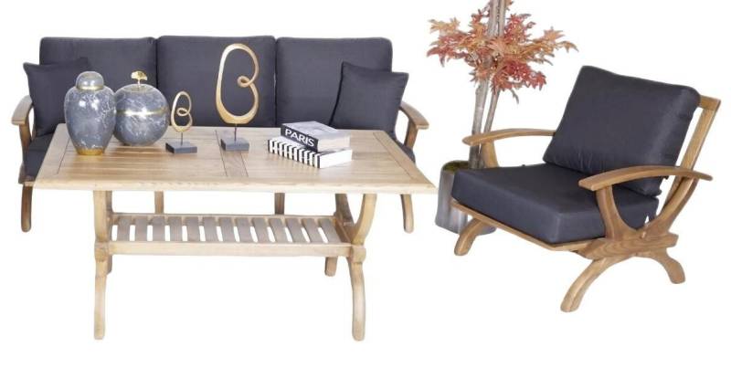 JVmoebel Gartenlounge-Set Gartenmöbel Dreisitzer Sofa Grau Textil Sessel Holz Esstisch, (3-tlg., 3tlg Gartenmöbel Set (Sofa 3 Sitzer + Sessel + Esstisch), Made in Europa von JVmoebel