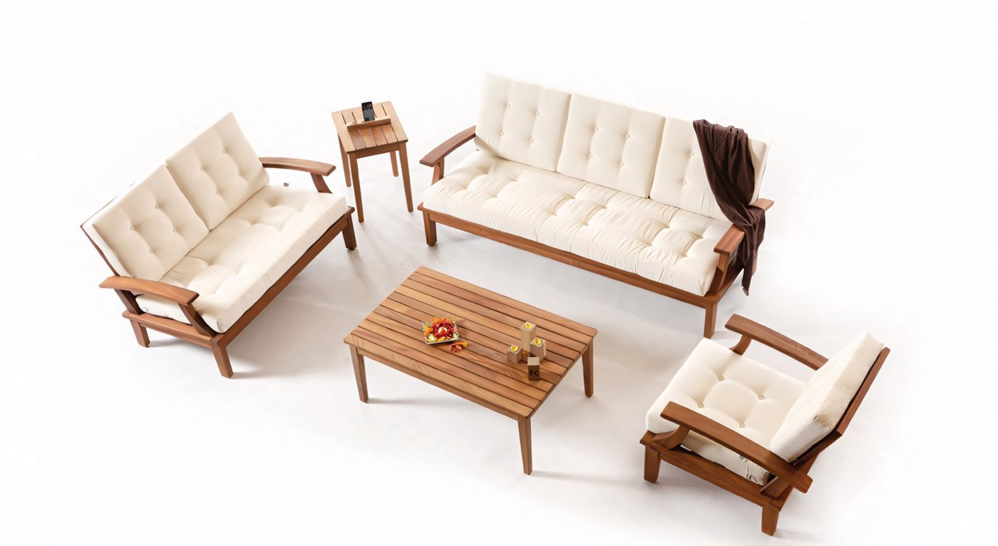 JVmoebel Gartenlounge-Set Gartenmöbel-Set Beige aus Polyester für komfortable Erholung, (1-tlg., Sofa 3 Sitzer, Sofa 2 Sitzer, Sassel, Couchtisch, Beistelltisch), Made in Europe von JVmoebel