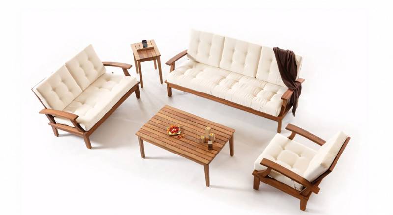 JVmoebel Gartenlounge-Set Gartenmöbel-Set Beige aus Polyester für komfortable Erholung, (1-tlg., Sofa 3 Sitzer, Sofa 2 Sitzer, Sassel, Couchtisch, Beistelltisch), Made in Europe von JVmoebel