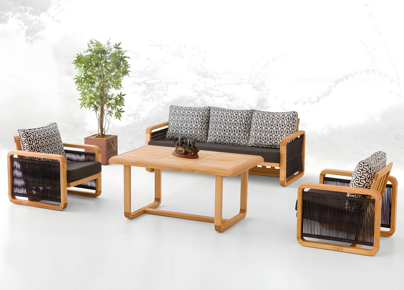 JVmoebel Gartenlounge-Set Gartenmöbel Set Schwarz Holz Textil 4-teilig modernes Design, (4-tlg., Sofa 3 Sitzer, 2x Sessel, Esstisch), Made in Europe von JVmoebel