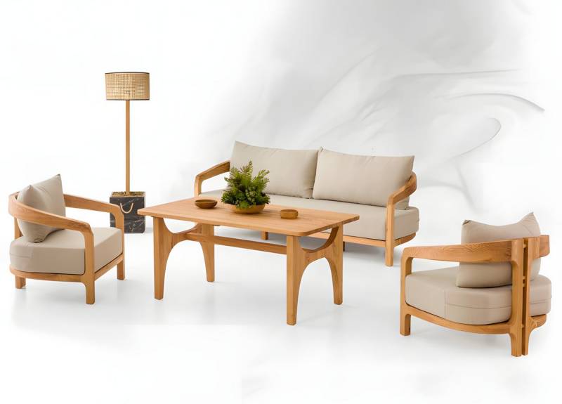 JVmoebel Gartenlounge-Set Gartenmöbel Set aus Holz und Textil in Beige, Modernes Sofa und Sessel, (4-tlg., Sofa 3 Sitzer, 2x Sessel, Esstisch), Made in Europe von JVmoebel