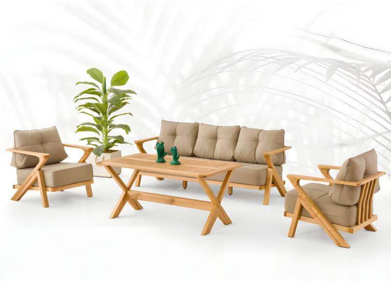 JVmoebel Gartenlounge-Set Gartenmöbel Set aus Holz und Textil in Beige, modern, 4-teilig, (Sofa 3 Sitzer, 2x Sessel, Esstisch), Made in Europe von JVmoebel