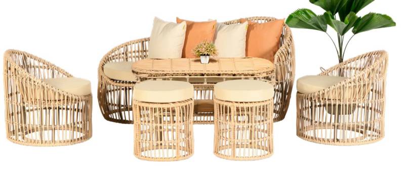 JVmoebel Gartenlounge-Set Gartenmöbel Set: Sofagarnitur mit Tisch, Hockern und Sesseln, (6-tlg., Sofa 3 Sitzer, 2x Sessel, Couchtisch, 2x Hocker), Made in Europe von JVmoebel