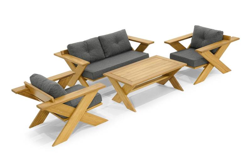 JVmoebel Gartenlounge-Set Grau-Braune Garten Möbel Holz Couchtisch Designer 2x Sessel 2-Sitzer, (4-tlg., Gartenmöbelset (Zweisitzer Sofa + 2x Sessel + Couchtisch), Made in Europa von JVmoebel