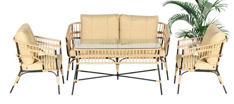 JVmoebel Gartenlounge-Set Moderne Beige Luxus Gartenmöbel Sofagarnitur 3-Sitzer mit Couchtisch, (4-tlg., Sofa 2 Sitzer, 2x Sessel, Couchtisch), Made in Europe von JVmoebel