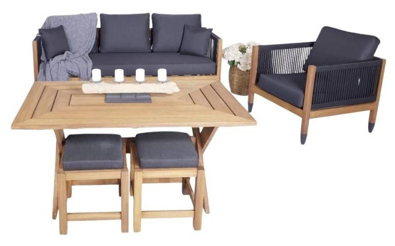 JVmoebel Gartenlounge-Set Set 3+1 Sitzer Stilvoller Gartenmöbel Esstisch Edle Möbel 2x Hocker, (5-tlg., 5tlg Gartenmöbel Set (Sofa 3 Sitzer + Sessel + Esstisch + 2x Hocker), Made in Europa von JVmoebel