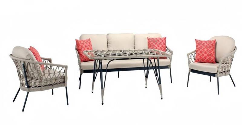 JVmoebel Gartenlounge-Set Sofagarnitur Beige Rattan Luxuriöse Sofa 3 Sitzer Moderner 2x Sessel, (4tlg Set(Sofa 3 Sitzer+2x Sessel+Couchtisch), Made in Europa von JVmoebel