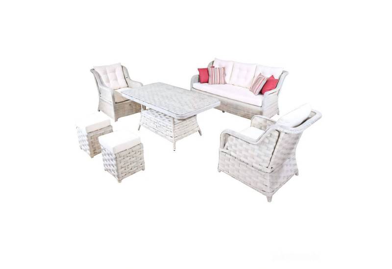 JVmoebel Gartenlounge-Set Sofagarnitur Gartenmöbel Esstisch Hocker Sessel Rattan Weiß Sitzgruppe, (6-tlg., 3-Sitzer + 2x Sessel + Esstisch + 2x Hocker), Made in Europa von JVmoebel