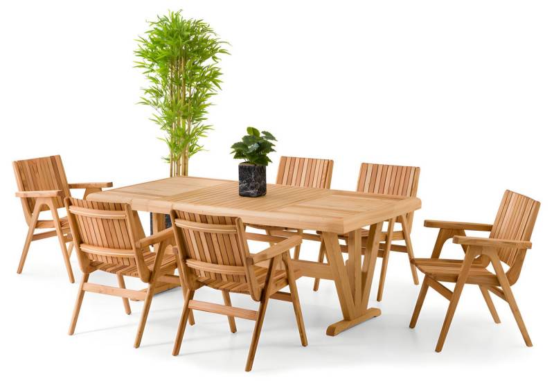 JVmoebel Garten-Essgruppe Gartenmöbel Set aus Holz in Braun modern, Esstisch und Stühle, (7-tlg., Esstisch, 6x Stühle), Made in Europe JVmoebel Garten-Essgruppe Gartenmöbel Set aus Holz in Braun modern, Esstisch und Stühle, (7-tlg., Esstisch, 6x Stühle), Made in Europe von JVmoebel